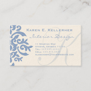 Elegant Blue and Cream Damask Letter E Business Card