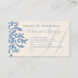 Elegant Blue and Cream Damask Letter H Business Card