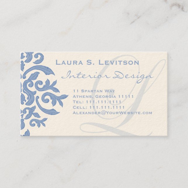 Elegant Blue and Cream Damask Letter L Business Card (Front)
