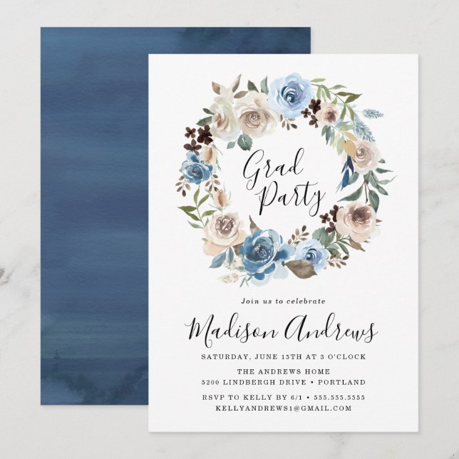 Elegant Blue and Cream Floral Graduation Party Invitation (Front/Back)