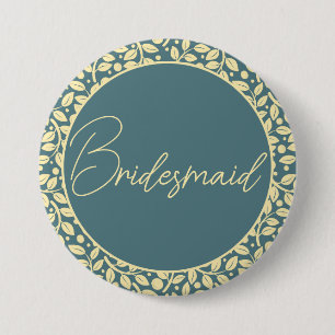 Elegant Blue and Cream Leaf Bridesmaid 3 Inch Round Button