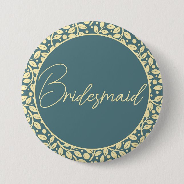 Elegant Blue and Cream Leaf Bridesmaid 3 Inch Round Button (Front)