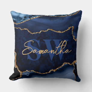 Elegant Blue and Faux Gold Glitter Marble Agate Throw Pillow