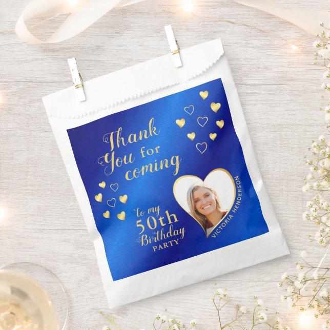 Elegant Blue and Gold 50th Birthday Thank You Favour Bag (Clipped)