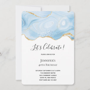 Elegant Blue and Gold Agate Background Birthday Invitation