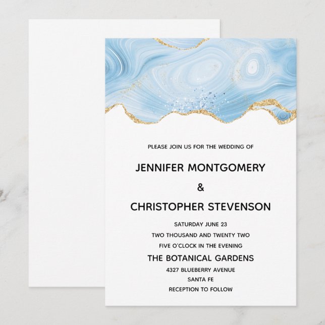 Elegant Blue and Gold Agate Background Wedding Invitation (Front/Back)