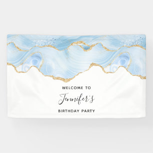 Elegant Blue and Gold Agate Border Birthday Banner