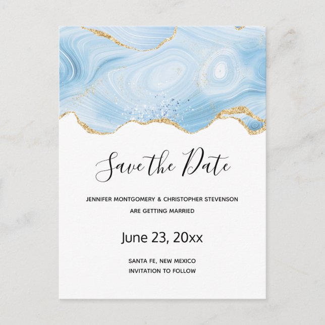 Elegant Blue and Gold Agate Border Save the Date Invitation Postcard (Front)
