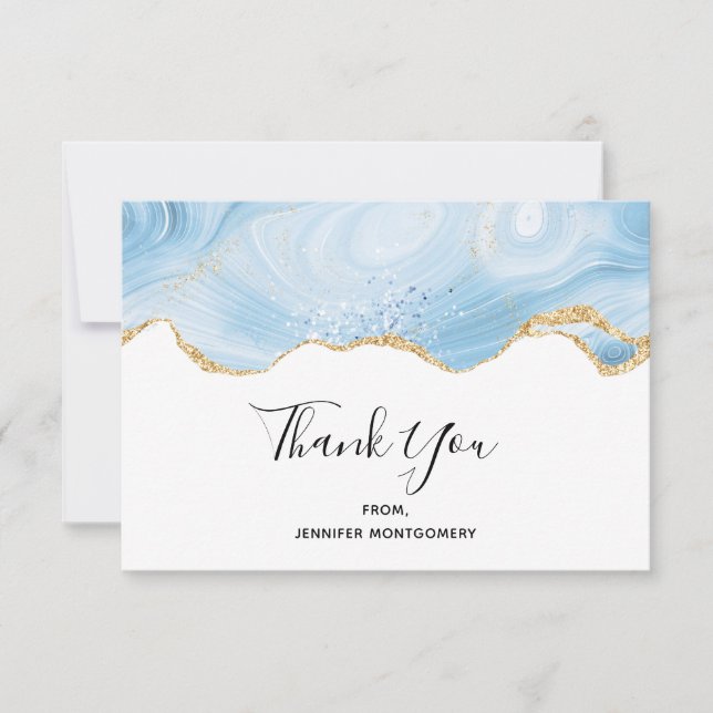 Elegant Blue and Gold Agate Border Thank You Card (Front)