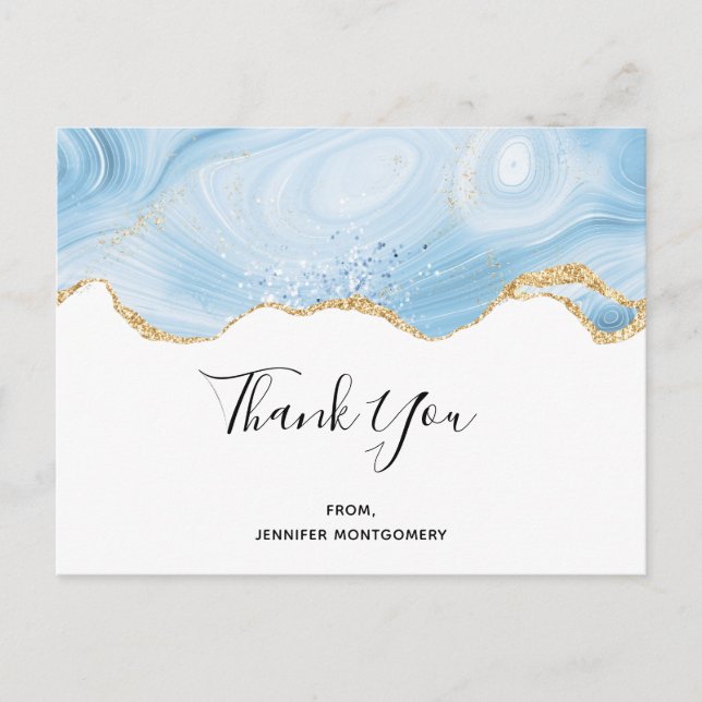 Elegant Blue and Gold Agate Border Thank You Postcard (Front)