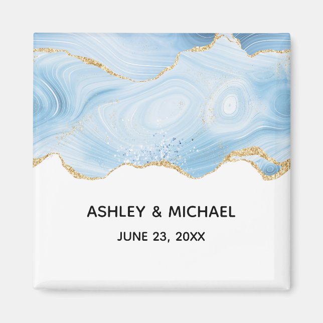 Elegant Blue and Gold Agate Border Wedding Magnet (Front)