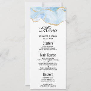 Elegant Blue and Gold Agate Border Wedding Menu Invitation