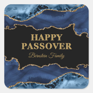 Elegant Blue and Gold Agate Hebrew Happy Passover Square Sticker