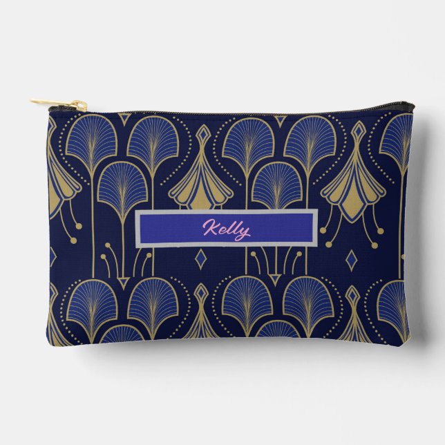 Elegant Blue and Gold Art Deco Accessory Pouch (Front)