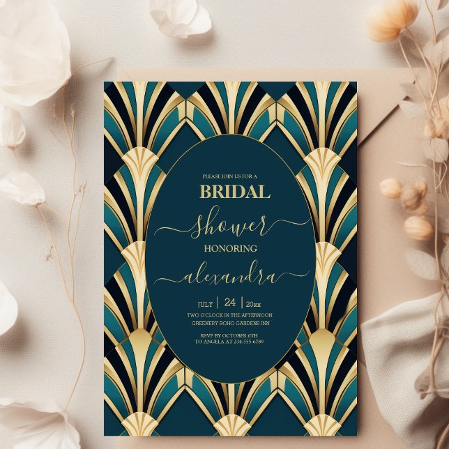 Elegant Blue and Gold Art Deco Bridal  Invitation (Creator Uploaded)