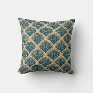 Elegant Blue and Gold Art Deco Fan Pattern Tablecl Throw Pillow