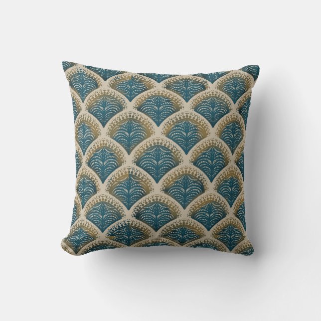 Elegant Blue and Gold Art Deco Fan Pattern Tablecl Throw Pillow (Front)