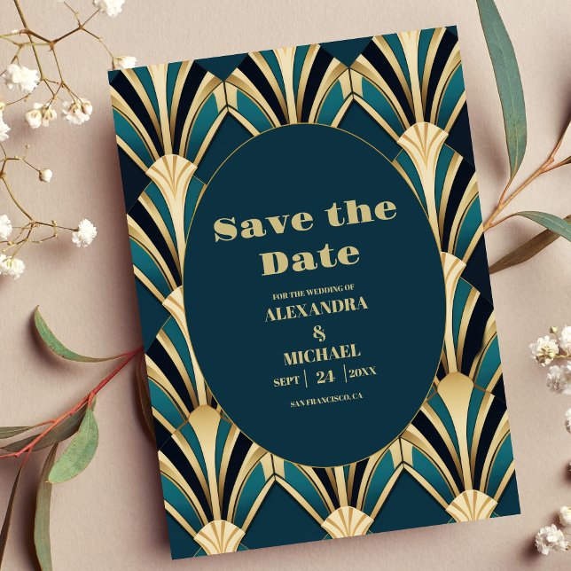 Elegant Blue and Gold Art Deco Wedding  Save The Date (Creator Uploaded)