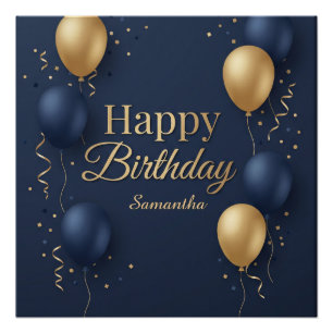 Elegant Blue and Gold Balloon Happy Birthday Poster