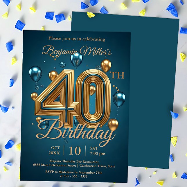 Elegant Blue and Gold Balloons 40th Birthday Party Invitation (Creator Uploaded)