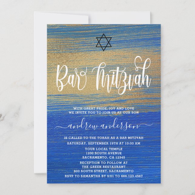 Elegant Blue And Gold  Bar Mitzvah Invitation (Front)