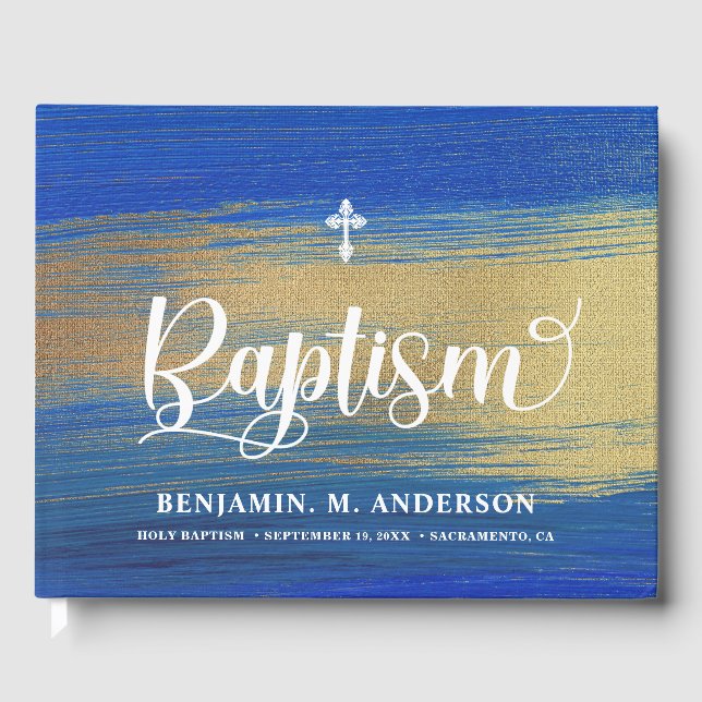 Elegant Blue And Gold Boy Baptism Guest Book (Front)