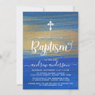 Elegant Blue And Gold Boy Baptism Invitation