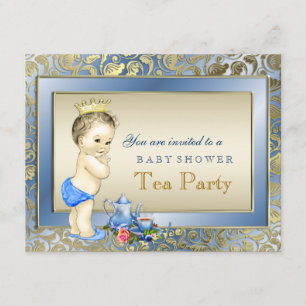 Elegant Blue and Gold Boys Tea Party Baby Shower Invitation