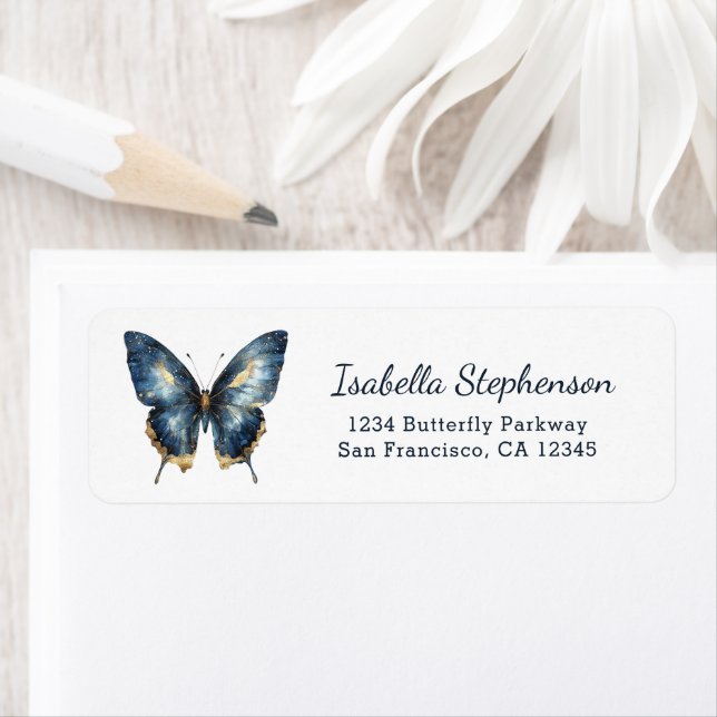 Elegant Blue and Gold Butterfly Return Address (Insitu)