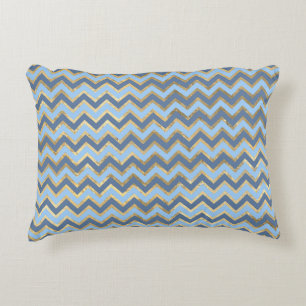Elegant Blue and Gold Chevron Pattern Accent Pillow