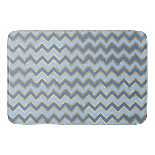 Elegant Blue and Gold Chevron Pattern Bath Mat (Front)