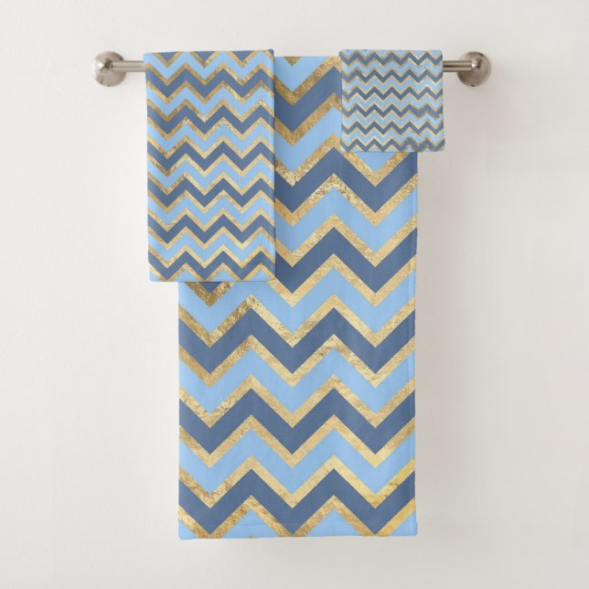 Elegant Blue and Gold Chevron Pattern Bath Towel Set (Insitu)