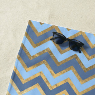 Elegant Blue and Gold Chevron Pattern Beach Towel