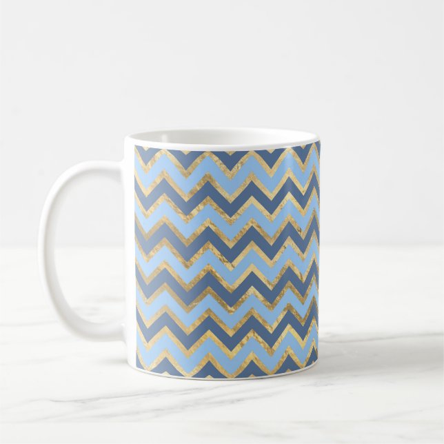 Elegant Blue and Gold Chevron Pattern Coffee Mug (Left)