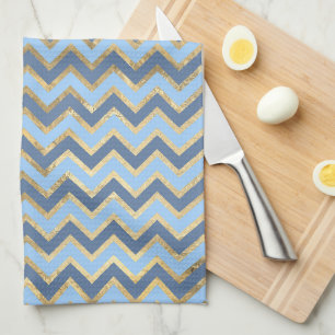 Elegant Blue and Gold Chevron Pattern Kitchen Towel