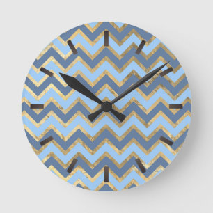 Elegant Blue and Gold Chevron Pattern Round Clock