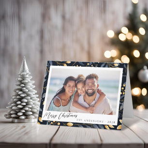 Elegant Blue And Gold Christmas Leaf Folded Photo  Holiday Card