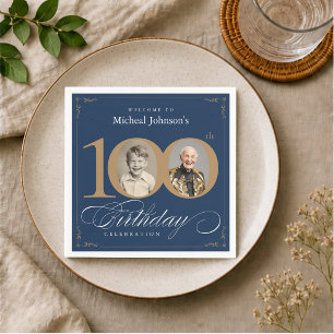 Elegant Blue and Gold Custom Photo 100th Birthday  Napkin
