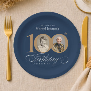 Elegant Blue and Gold Custom Photo 100th Birthday Paper Plate
