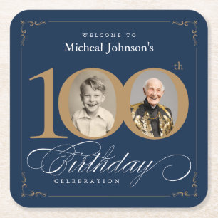 Elegant Blue and Gold Custom Photo 100th Birthday  Square Paper Coaster