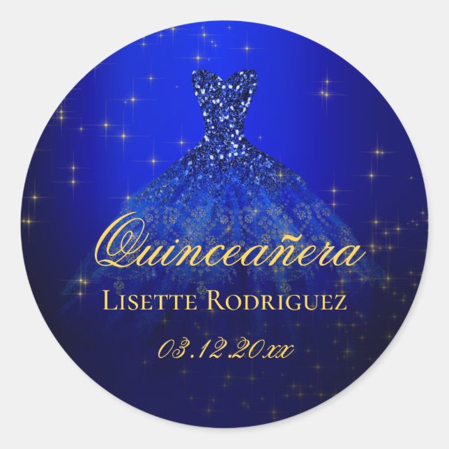 Elegant Blue And Gold Custom Quinceanera Classic Round Sticker (Front)