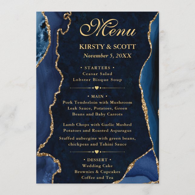 Elegant Blue and Gold Faux Glitter Agate Wedding Menu (Front)