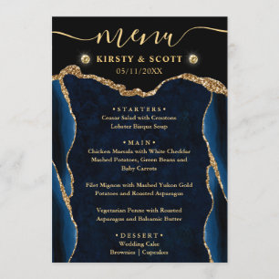 Elegant Blue and Gold Faux Glitter Agate Wedding Menu