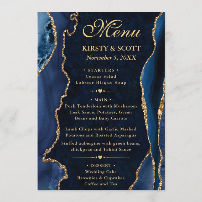 Elegant Blue and Gold Faux Glitter Agate Wedding Menu (Front)