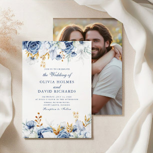Elegant Blue and Gold Floral Couple Photo Wedding Invitation