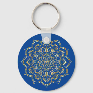 Elegant Blue and Gold Floral Mandala Pattern Keychain