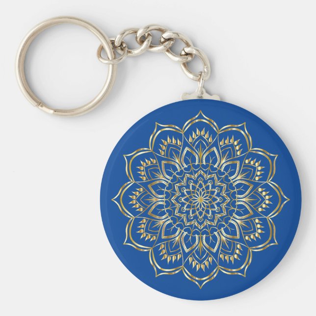 Elegant Blue and Gold Floral Mandala Pattern Keychain (Front)