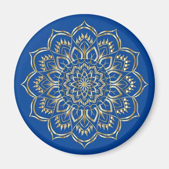 Elegant Blue and Gold Floral Mandala Pattern Magnet (Front)