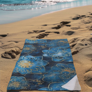 Elegant Blue and Gold Floral - Stylish Botanical  Beach Towel