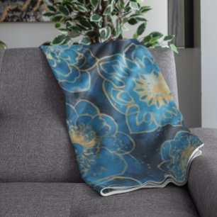 Elegant Blue and Gold Floral - Stylish Botanical Fleece Blanket